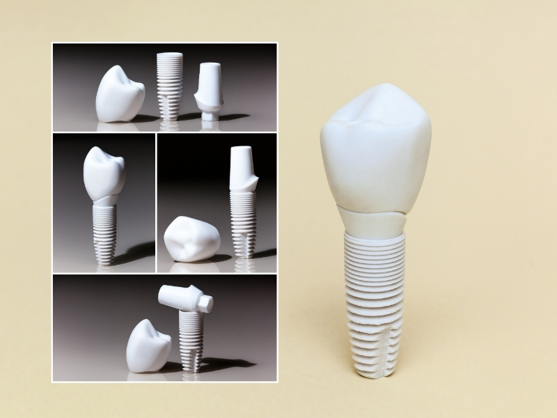 Close-up of metal free implant components, showcasing the crown, abutment, and screw for dental restoration.