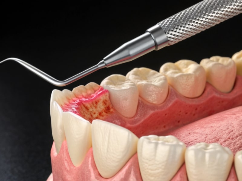 Emergency gum treatment with dental tool addressing severe gum disease