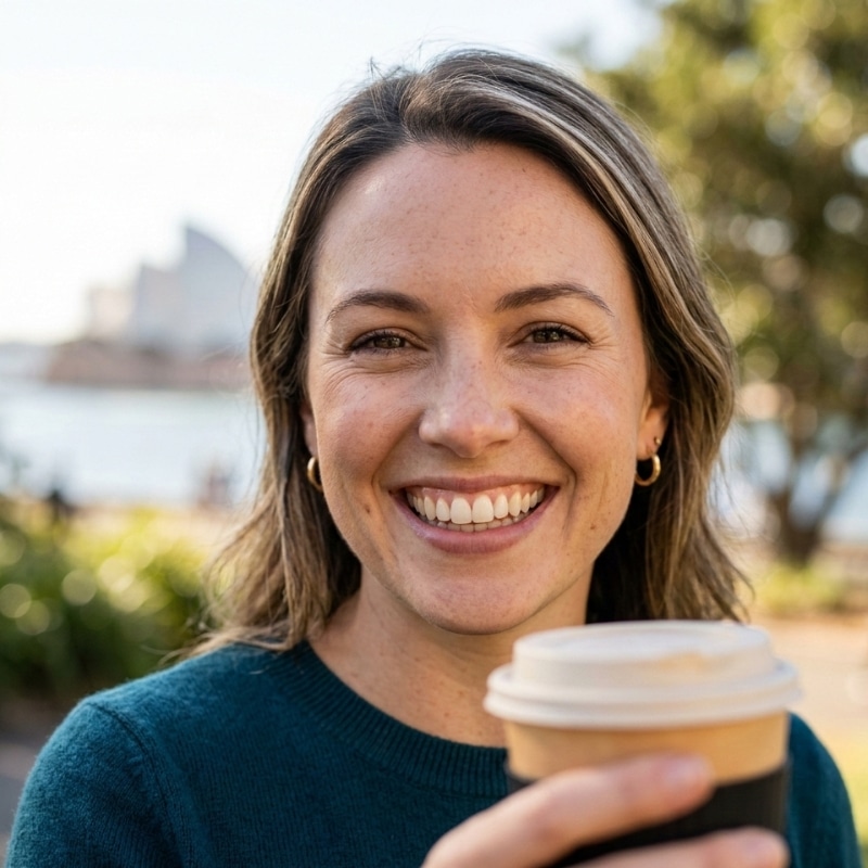 Adult smiling in natural daylight in Sydney, showing realistic tooth colour and healthy teeth.