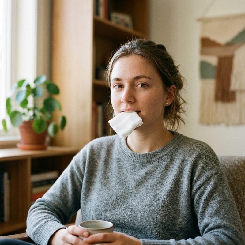 Person applying gauze pressure to control mild bleeding after dental work.