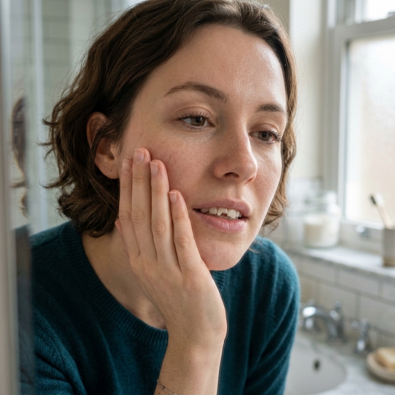 Person with a small chipped front tooth holding cheek, illustrating chipped tooth first aid and urgency signs.