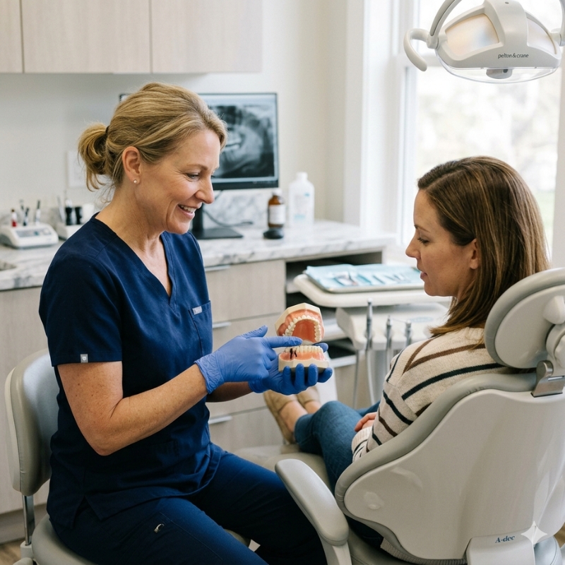 Dentist explaining signs a tooth may need removal using a tooth model in a Sydney dental clinic.