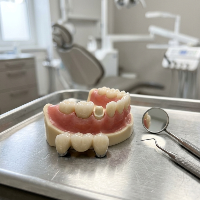 Dental crown and three-unit bridge on a tooth model, showing common bridges and crowns restorations. SEO caption