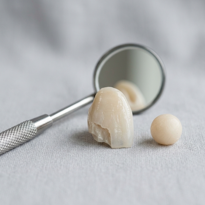 Macro image of a chipped tooth model with a dental mirror and dental wax on a neutral background.