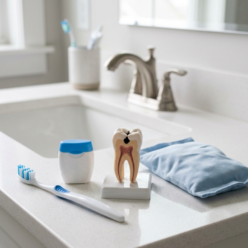 Dental care items and cold compress showing ways to manage toothache symptoms before an emergency dentist visit