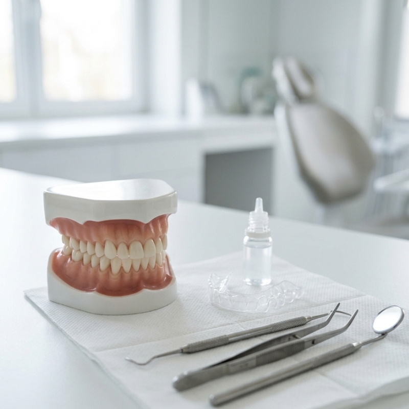 Professional teeth whitening tray and dental tools showing preparation for a brighter smile