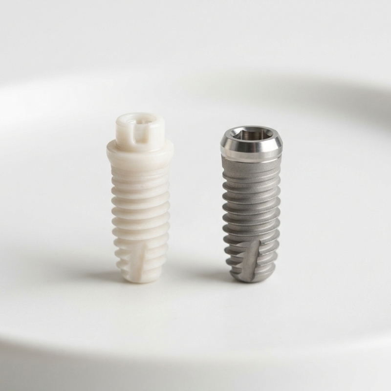 Metal-free zirconia ceramic dental implant beside titanium implant