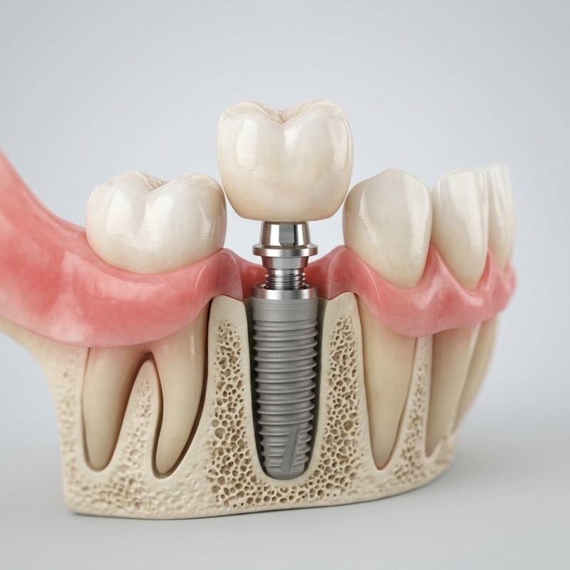 Dental implant showing the post, abutment and crown