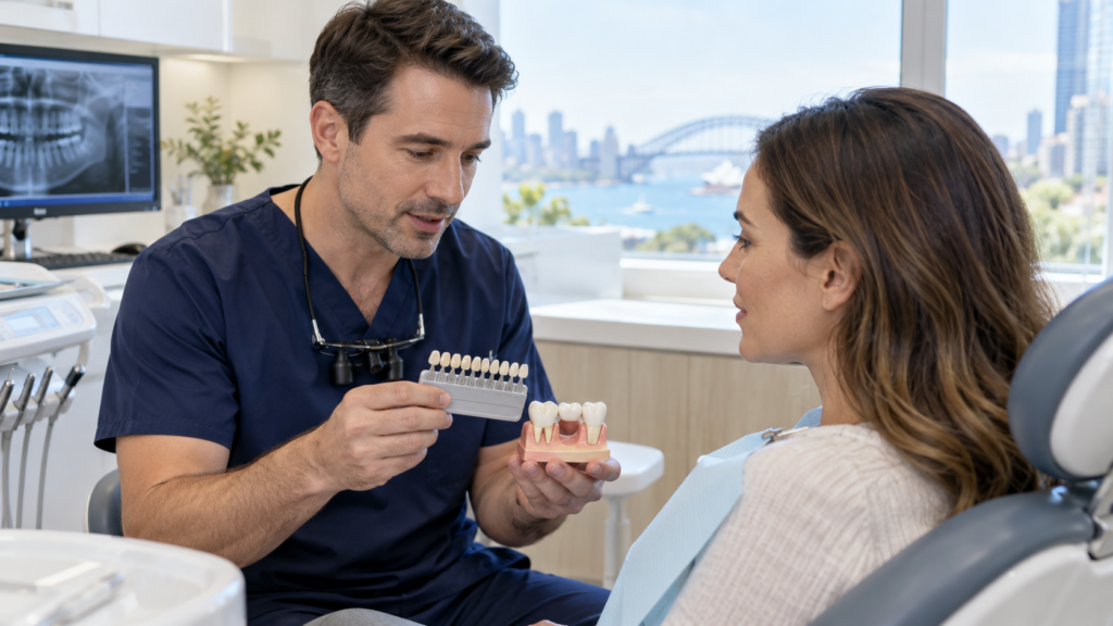 Dentist discussing professional teeth whitening results with an adult patient holding a mirror