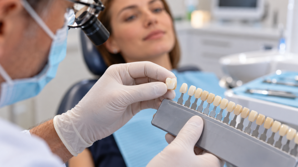 Dentist matching a natural-looking ceramic dental crown using a tooth shade guide