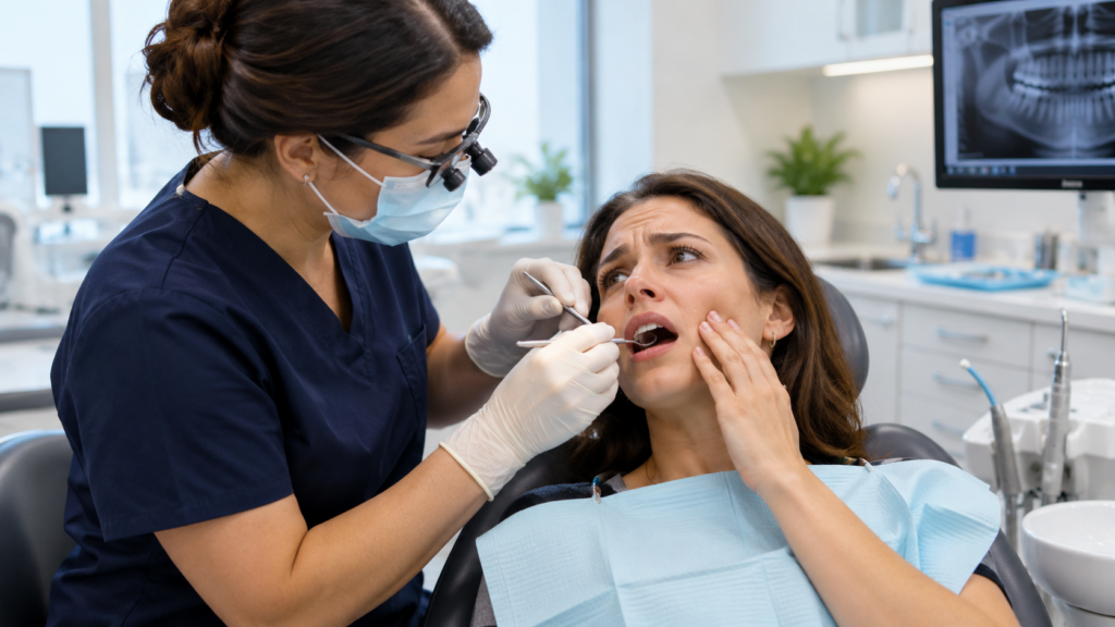Dentist examining an adult patient with urgent tooth pain in a modern dental clinic