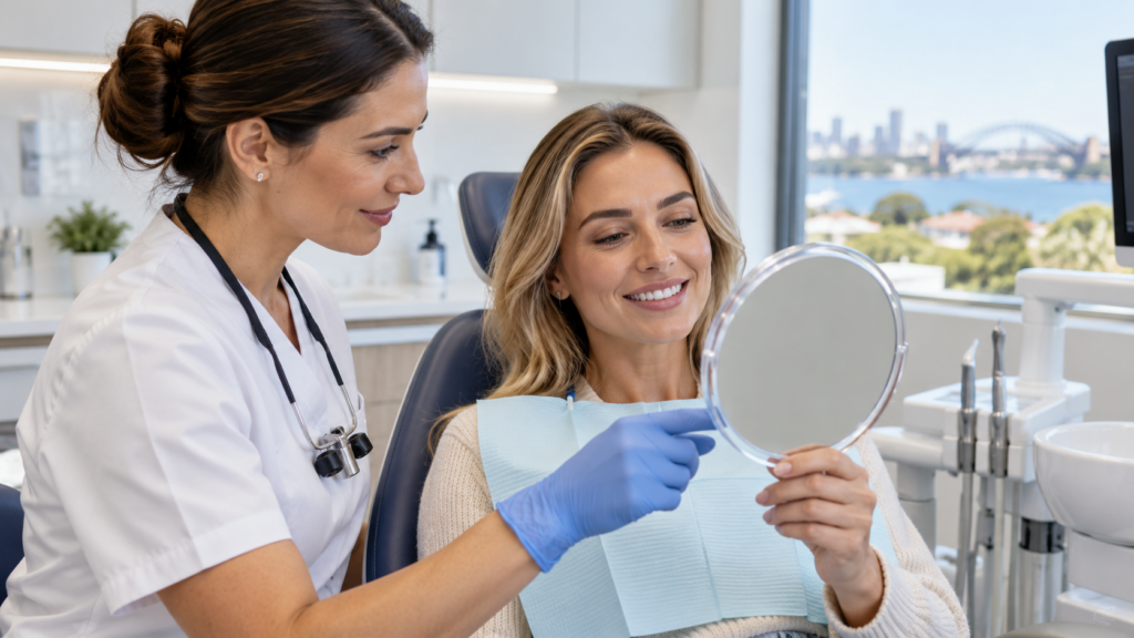 Dentist discussing professional teeth whitening results with an adult patient holding a mirror