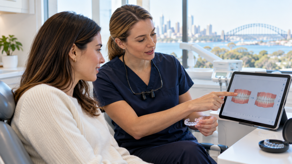 Dentist showing an adult patient clear aligners and a digital teeth-straightening plan