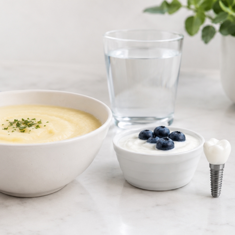 Soft foods to eat during dental implant recovery, including smooth soup and yoghurt.
