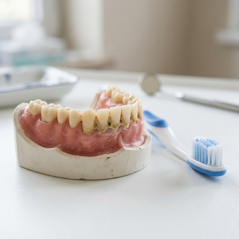 Dental model with visible tartar buildup along the gumline next to a manual toothbrush on a clinic counter.