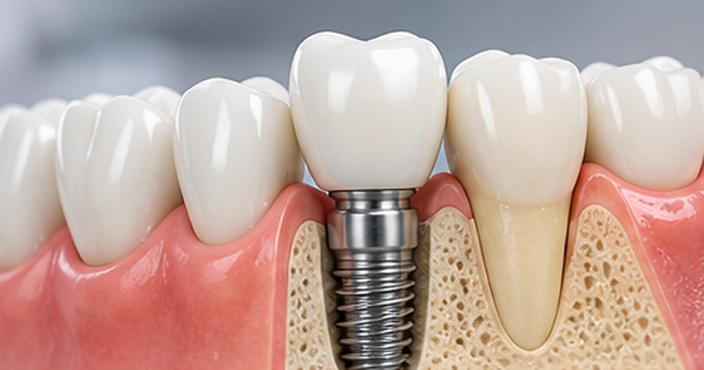 Dental implant with a titanium screw and crown replacing a missing tooth in a clinical dental setting.