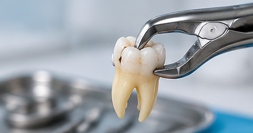 Dentist performing a tooth extraction with dental forceps during a tooth removal procedure.